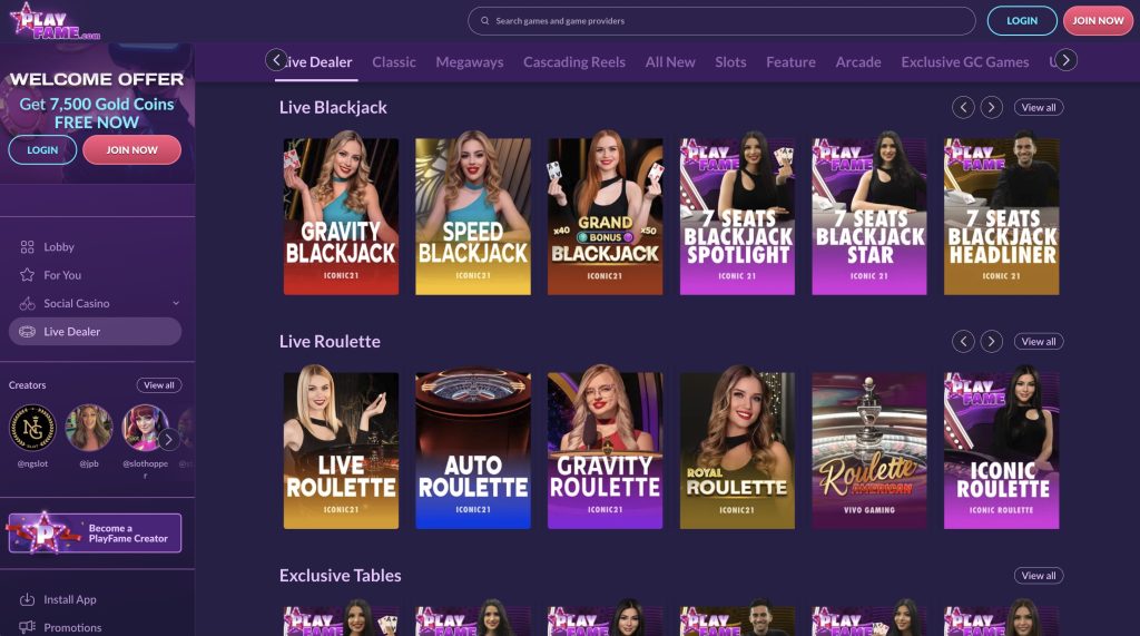 PlayFame Casino Live Dealers